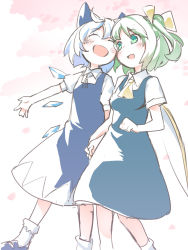 Rule 34 | 2girls, :d, ^ ^, ascot, asutora, blue bow, blue dress, blue footwear, blue hair, blush, bobby socks, bow, breasts, cherry blossoms, cirno, clenched hand, closed eyes, commentary request, daiyousei, dress, fairy wings, feet out of frame, green eyes, green hair, hair between eyes, hair bow, hair ribbon, highres, holding hands, ice, ice wings, looking at another, mary janes, multiple girls, neck ribbon, one side up, open mouth, petals, pinafore dress, puffy short sleeves, puffy sleeves, ribbon, shirt, shoes, short sleeves, sketch, sleeveless dress, small breasts, smile, socks, touhou, white background, white legwear, white shirt, wings, yellow ribbon, yuri