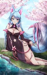 Rule 34 | 1girl, animal ear fluff, animal ears, black kimono, black sleeves, blue eyes, blue hair, blue sky, blue tail, blush, breasts, cherry blossoms, cleavage, cleavage cutout, clothing cutout, detached sleeves, flower, hair flower, hair ornament, highres, hip vent, japanese clothes, kimono, large breasts, long hair, looking at viewer, multicolored hair, nail polish, navel cutout, pink flower, pink hair, pink nails, pink tail, silvervale, silvervale (sakura goddess), sky, sleepycake, smile, solo, streaked hair, swept bangs, tail, virtual youtuber, vshojo, wolf ears, wolf girl, wolf tail