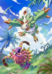 Rule 34 | beak, bird, blurry, blurry foreground, cloud, digimon, digimon (creature), digimon liberator, dragon, dragon fruit, eye mask, feathers, forest, green eyes, green feathers, highres, horns, kou (xcws3487), looking at another, nature, no humans, palm tree, pomumon, pteromon, purple eyes, sharp teeth, single horn, sky, talons, teeth, tree
