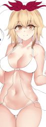 Rule 34 | 1girl, bare arms, bare shoulders, blonde hair, blush, bow, bow bra, bra, breasts, cameltoe, collarbone, eyebrows, eyeliner, flipped hair, hair between eyes, hair bow, halterneck, highres, makeup, moruchi (rinaka moruchi), partially colored, red bow, shawl, short hair, sidelocks, smile, solo, stomach, thighs, thong, toramaru shou, touhou, underwear, yellow eyes