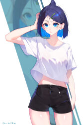 Rule 34 | 1girl, absurdres, alternate hair length, alternate hairstyle, arm at side, black hair, black shorts, blue eyes, bracelet, closed mouth, collarbone, colored inner hair, commentary request, cowlick, creatures (company), eyelashes, game freak, hair ornament, hairclip, hand up, highres, jewelry, liko (pokemon), multicolored hair, nintendo, oare cat, pokemon, pokemon (anime), pokemon horizons, shiny skin, shirt, short sleeves, shorts, solo, t-shirt, white shirt, zoom layer