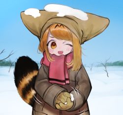 Rule 34 | 1girl, ;d, absurdres, alternate costume, animal hat, bare tree, blonde hair, blue sky, blush, coat, day, fang, gloves, grey coat, hat, highres, huge filesize, kemono friends, long sleeves, looking at viewer, motion lines, notora, one eye closed, open mouth, outdoors, pink scarf, scarf, serval (kemono friends), serval tail, sky, smile, snow, snow on head, snowball, solo, striped tail, tail, tree, winter, winter clothes, winter coat, yellow eyes, yellow gloves