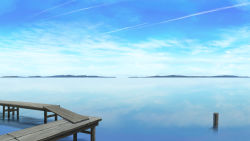 Rule 34 | blue sky, cloud, cloudy sky, commentary request, contrail, day, horizon, lake, mountain, mountainous horizon, no humans, noshi, outdoors, pier, reflection, scenery, sky, water surface