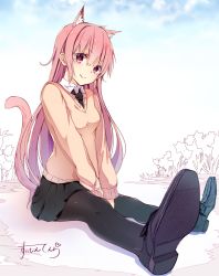 Rule 34 | 1girl, animal ears, artist name, black necktie, black pantyhose, breasts, cat ears, cat tail, extra ears, heart, long hair, looking at viewer, necktie, original, pantyhose, pink eyes, pink hair, pleated skirt, shoes, sitting, skirt, sky, small breasts, smile, solo, suishin tenra, suitenjh, sweater, tail, v arms