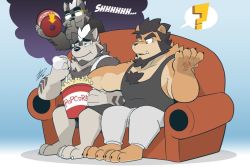 Rule 34 | 2boys, ?, alca (wakatanka4), alca the lion, animal ears, bara, beard, beenic, black tank top, casual, chest hair, chibi, commission, couch, dog boy, dog ears, english text, evil smile, facial hair, finger to mouth, food, full body, furry, furry male, glasses, grey fur, grey hair, hikaze (hikazedragon), lion boy, lion ears, male focus, mature male, multiple boys, muscular, muscular male, on couch, original, pectorals, popcorn, prank, second-party source, short hair, shushing, sidepec, sigh, smile, tank top, two-tone fur, white tank top