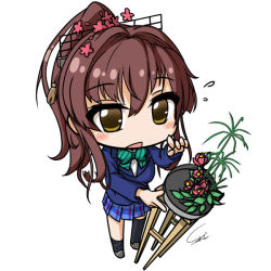 Rule 34 | 10s, 1girl, alternate costume, blazer, bow, brown eyes, brown hair, carillus, chibi, headgear, jacket, kantai collection, love live!, love live! school idol project, plaid, plaid skirt, pleated skirt, ponytail, school uniform, simple background, skirt, solo, white background, yamato (kancolle)