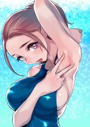 Rule 34 | 1girl, areola slip, arm between breasts, arm up, armpits, bare arms, bare shoulders, between breasts, blue one-piece swimsuit, blush, breasts, brown eyes, brown hair, collarbone, dytm, forehead, hair behind ear, hair pulled back, head tilt, highres, large breasts, looking at viewer, one-piece swimsuit, open mouth, original, ponytail, pool monitor part-timer (dytm), presenting armpit, purple eyes, shiny clothes, sideboob, sidelocks, solo, spread armpit, swimsuit, tongue, tongue out, upper body, v, water