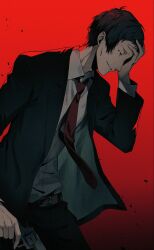 Rule 34 | 1boy, adachi tooru, arm at side, black hair, black jacket, collared shirt, commentary request, cowboy shot, dark, dress shirt, film grain, from side, grin, gun, half-closed eyes, hand on own head, hand up, handgun, highres, holding, holding gun, holding weapon, jacket, leaning forward, looking down, necktie, open clothes, open jacket, persona, persona 4, profile, red background, red necktie, shirt, short hair, simple background, smile, smirk, solo, weapon, white shirt, yoshino saku