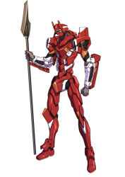 arm_at_side eva_02 full_body green_eyes highres holding holding_polearm holding_weapon mecha mecha_focus neon_genesis_evangelion no_humans polearm rebuild_of_evangelion robot simple_background solo spear standing tetsuo_(amenohutikoma) weapon white_background