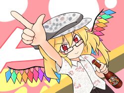 Rule 34 | &gt;:), 1girl, 216, alcohol, beer, beer bottle, beer mug, black-framed eyewear, blonde hair, collared shirt, cosplay, cup, dutch angle, flandre scarlet, grey headwear, hawaiian shirt, highres, internet survivor, long hair, mug, official art, one side up, outstretched arm, pants, pointing, pointing up, rectangular eyewear, red eyes, shirt, smile, solo, star (symbol), star in eye, symbol in eye, touhou, v-shaped eyebrows, white shirt, wings, zun, zun (cosplay), zun hat