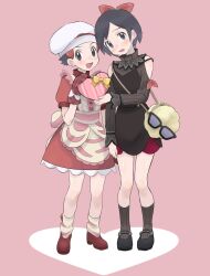 Rule 34 | 2boys, bag, black footwear, black hair, blush, box, buttons, calem (pokemon), chef hat, commentary, cosplay, creatures (company), crossdressing, dawn (palentine&#039;s 2021) (pokemon), dawn (pokemon), dawn (pokemon) (cosplay), dress, game freak, grey eyes, hair ornament, hairclip, hat, heart-shaped box, highres, holding, holding box, leg warmers, looking at viewer, lucas (pokemon), male focus, multiple boys, nintendo, open mouth, oven mitts, pink background, pokemon, pokemon dppt, pokemon masters ex, pokemon xy, red dress, red footwear, ribbed socks, sana (37pisana), serena (palentine&#039;s 2021) (pokemon), serena (pokemon), serena (pokemon) (cosplay), shoes, short hair, short sleeves, smile, standing, sunglasses, sweat, symbol-only commentary, white headwear
