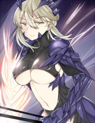 Rule 34 | 1girl, armor, artoria pendragon (fate), artoria pendragon (lancer) (fate), artoria pendragon (lancer alter) (fate), bad id, bad pixiv id, breasts, cleavage, fate/grand order, fate (series), gauntlets, holding, holding weapon, horns, jirou (tamaho39), lance, large breasts, looking at viewer, navel, polearm, reins, saber (fate), saber alter, short hair, smile, solo, spikes, underboob, weapon, yellow eyes