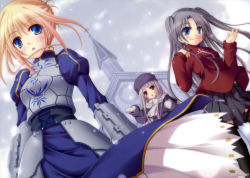 Rule 34 | 3girls, absurdres, armor, artoria pendragon (fate), black hair, blonde hair, blue eyes, fate/stay night, fate (series), highres, illyasviel von einzbern, kago no tori, long hair, multiple girls, open mouth, saber (fate), snow, tohsaka rin