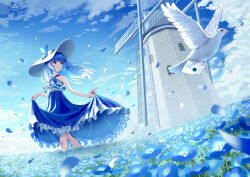 Rule 34 | 1girl, absurdres, bare shoulders, bird, blue dress, blue hair, blue theme, butterfly hat ornament, closed mouth, clothes lift, cloud, commentary request, day, dress, dress lift, field, flower, flower field, frilled dress, frills, hat, hat ornament, highres, lex suri12, long hair, original, outdoors, petals, pigeon, scenery, shadow, sidelocks, sky, smile, solo, sun hat, windmill