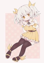Rule 34 | 1girl, belt, black thighhighs, commission, dress, highres, layered dress, long sleeves, looking at viewer, no1shyv, original, simple background, skeb commission, solo, thighhighs, twintails, white hair, yellow eyes, yellow footwear