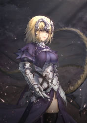 Rule 34 | 1girl, armor, armored dress, banner, black thighhighs, blonde hair, breasts, capelet, chain, closed mouth, commentary, fate/apocrypha, fate (series), gauntlets, head tilt, highres, jeanne d&#039;arc (fate), jeanne d&#039;arc (ruler) (fate), large breasts, looking at viewer, peachpa, purple eyes, sheath, sheathed, solo, standing, sword, thighhighs, weapon