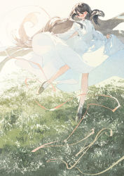 Rule 34 | 1girl, absurdly long hair, black footwear, brown hair, commentary request, day, dress, closed eyes, full body, grass, highres, long hair, open mouth, original, outdoors, pink ribbon, potg (piotegu), ribbon, skirt hold, smile, socks, solo, very long hair, white dress, white socks