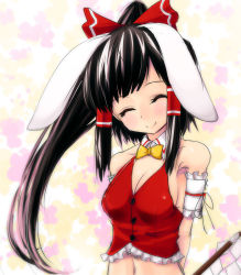 Rule 34 | 1girl, adapted costume, akai ronii, animal ears, armband, arms behind back, bad id, bad pixiv id, bare shoulders, black hair, bow, bowtie, breasts, rabbit ears, bustier, buttons, cleavage, closed eyes, female focus, gohei, hair bow, hair tubes, hakurei reimu, head tilt, lingerie, long hair, midriff, navel, ponytail, smile, solo, touhou, underwear