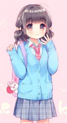 Rule 34 | 1girl, :3, backpack, bag, bag charm, blouse, blush, bow, cardigan, charm (object), closed mouth, collared shirt, cowboy shot, grey hair, grey skirt, hair bow, hands up, heart, holding, looking at viewer, necktie, orange bow, original, pink background, pink eyes, pink necktie, plaid, plaid necktie, plaid skirt, pleated skirt, pocket, shirt, sidelocks, simple background, skirt, smile, solo, striped, striped bow, stuffed animal, stuffed rabbit, stuffed toy, tareme, unmoving pattern, usashiro mani, wavy hair, white shirt