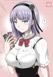 Rule 34 | 10s, 1girl, ?, blue eyes, bow, bra, bra visible through clothes, breasts, clueless, dagashi kashi, eyebrows, flower, food, grey hair, hair flower, hair ornament, hair ribbon, hairband, highres, lace, lace-trimmed bra, lace trim, large breasts, meme attire, nail polish, purple hair, ribbon, see-through, shidare hotaru, shirt, smile, solo, spoken question mark, suspenders, umaibou, underwear, virgin killer outfit, wet, wet clothes, wet shirt, yano toshinori