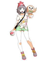 Rule 34 | 10s, 1girl, :d, animal on arm, bag, beanie, bird, bird on arm, black footwear, black hair, blue eyes, clenched hand, contrapposto, creatures (company), full body, game freak, gen 7 pokemon, genzoman, handbag, hat, holding, holding poke ball, nintendo, open mouth, poke ball, pokemon, pokemon (creature), pokemon sm, rowlet, selene (pokemon), shirt, shoes, short shorts, shorts, smile, sneakers, solo, standing, swept bangs, t-shirt, thigh gap, white background