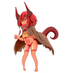 Rule 34 | 1girl, bare legs, barefoot, brown cloak, child, cloak, closed mouth, commentary request, dark-skinned female, dark skin, dragon girl, dragon horns, dragon tail, facial mark, female focus, full body, hair between eyes, highres, horns, idaten93, long hair, original, red eyes, red hair, simple background, sketch, solo, solo focus, standing, strapless bottom, tail, tail raised, white background