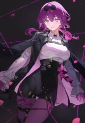 Rule 34 | 1girl, absurdres, black jacket, blush, breasts, chest harness, closed mouth, collared shirt, earrings, eyewear on head, falling petals, gloves, hair between eyes, harness, high-waist shorts, highres, holding, holding sword, holding weapon, honkai: star rail, honkai (series), jacket, jewelry, kafka (honkai: star rail), large breasts, light particles, long hair, long sleeves, looking at viewer, pantyhose, pantyhose under shorts, petals, pointing, pointing at viewer, purple eyes, purple gloves, purple hair, purple pantyhose, rose petals, round eyewear, shirt, shorts, sidelocks, simple background, smile, solo, sunglasses, sword, weapon, white shirt, yuki (miyuki kii)