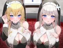 Rule 34 | 2girls, blonde hair, blue eyes, breasts, character request, cleavage, cross, cross necklace, grey hair, habit, hands on own chest, highres, hood, indoors, jewelry, large breasts, looking at viewer, multiple girls, necklace, nun, original, rei (rei 9146), smile, upper body