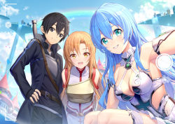 Rule 34 | 1boy, 2girls, :d, absurdres, armor, arms behind back, asuna (sao), bare shoulders, black coat, black gloves, black hair, black pants, black shirt, blue eyes, blue hair, blush, breastplate, breasts, brown eyes, brown hair, building, character request, cleavage, coat, commentary request, confetti, day, dress, fingerless gloves, gloves, grey eyes, grin, hair between eyes, hand on own hip, highres, kirito, leaning forward, long hair, long sleeves, looking at viewer, medium breasts, multiple girls, open clothes, open coat, open mouth, outdoors, pants, parted bangs, rainbow, reaching, reaching towards viewer, ririko (zhuoyandesailaer), selfie, shirt, sleeveless, sleeveless dress, smile, sword art online, teeth, upper teeth only, very long hair, water, waterfall, white dress