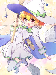Rule 34 | 1girl, absurdres, bag, blonde hair, blush, bow, broom, commentary request, fang, green bow, hat, hat bow, hazumi otoya, highres, higurashi no naku koro ni, houjou satoko, long sleeves, looking at viewer, open mouth, purple eyes, red eyes, shirt, short hair, shoulder bag, skin fang, skirt, solo, star (symbol), starry background, stuffed animal, stuffed toy, teddy bear, thighhighs, white hat, white shirt, white skirt, white thighhighs, witch, witch hat