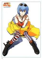 Rule 34 | 1girl, absurdres, asymmetrical legwear, ayanami rei, blue hair, boots, highres, honda takeshi, jacket, jewelry, lipstick, makeup, mismatched legwear, multicolored clothes, multicolored legwear, necklace, neon genesis evangelion, off shoulder, red eyes, solo, strap slip, striped clothes, striped thighhighs, sunglasses, thighhighs, vertical-striped clothes, vertical-striped thighhighs