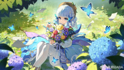 Rule 34 | 1girl, ayaka (genshin impact), blue dress, blue eyes, blue hair, blunt bangs, blunt tresses, boots, bouquet, braid, bug, butterfly, butterfly hair ornament, closed mouth, dress, flower, genshin impact, hair ornament, hat, highres, holding, holding bouquet, insect, kamisato ayaka, kamisato ayaka (springbloom missive), letter, long sleeves, looking at viewer, official alternate costume, official alternate hairstyle, outdoors, pantyhose, purple flower, red flower, sidelocks, sitting, smile, solo, white flower, white pantyhose, yellow flower, yu e baba