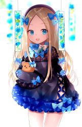 Rule 34 | 1girl, :d, abigail williams (fate), alternate costume, beret, black dress, black hat, blonde hair, blue bow, blue eyes, blue flower, blue rose, blurry, blurry background, blush, bow, commentary request, depth of field, dress, fate/grand order, fate (series), flower, forehead, frilled dress, frills, hair bow, hat, hugging object, long hair, long sleeves, looking at viewer, multiple hair bows, open mouth, parted bangs, rose, sakizaki saki-p, simple background, sleeves past fingers, sleeves past wrists, smile, solo, stuffed animal, stuffed toy, teddy bear, very long hair, white background, white bow
