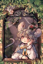 Rule 34 | 1girl, ahoge, animal ear fluff, animal ears, arm support, artist name, commentary request, curtains, flower, grey hair, grey shirt, hand on own cheek, hand on own face, highres, jewelry, long sleeves, looking at animal, mame komari, mouse (animal), mouse ears, mouse girl, mouse tail, nazrin, open mouth, pendant, pink flower, red eyes, ribbon, shirt, short hair, smile, solo, tail, touhou, upper body, white shirt, window, windowsill, yellow ribbon