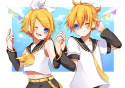 Rule 34 | 1boy, 1girl, :3, arm warmers, bare shoulders, belt, black collar, black shorts, blonde hair, blue eyes, bow, collar, commentary, contrapposto, crop top, hair bow, hair ornament, hairclip, headphones, holding hands, kagamine len, kagamine rin, light blush, looking at viewer, neckerchief, necktie, open mouth, sailor collar, school uniform, shirt, short hair, short ponytail, short sleeves, shorts, side-by-side, signature, sky, sleeveless, sleeveless shirt, smile, sparkle, spiked hair, string of flags, swept bangs, upper body, vocaloid, white bow, white shirt, yasuko ame, yellow neckerchief