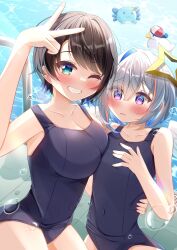 Rule 34 | 2girls, @ @, absurdres, amane kanata, arm around waist, bird, blue hair, blue one-piece swimsuit, blush, breasts, covered navel, duck, grey hair, hair intakes, highres, hololive, large breasts, looking at viewer, masanohe (etoileair), multiple girls, one-piece swimsuit, one eye closed, oozora subaru, purple eyes, short hair, small breasts, smile, subaru duck, swimsuit, upao (amane kanata), v, virtual youtuber, water