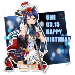 Rule 34 | 1girl, black gloves, blue hair, blush, cafe maid (love live!), checkered clothes, checkered skirt, commentary request, cowboy shot, dated, earrings, gloves, hair between eyes, happy birthday, hat, highres, holding, jewelry, long hair, looking at viewer, love live!, love live! school idol festival, love live! school idol project, microphone, microphone stand, mini hat, skirt, smile, solo, sonoda umi, striped clothes, striped thighhighs, suan ringo, thighhighs, top hat, treble clef, yellow eyes