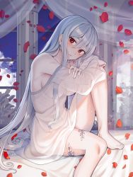 Rule 34 | 1girl, absurdres, bare shoulders, barefoot, breasts, crossed arms, curtains, earrings, goback, highres, jewelry, knee up, long hair, looking at viewer, medium breasts, original, petals, pillar, red eyes, see-through, sitting, solo, thighs, underwear, very long hair, white hair