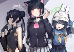 Rule 34 | 3girls, :o, absurdres, adjusting clothes, adjusting headwear, animal ears, black choker, black coat, black dress, black gloves, black hair, black sweater, blue archive, blue serafuku, blue skirt, blunt bangs, cat ears, cat girl, china dress, chinese clothes, choker, coat, colored inner hair, commentary request, double bun, dress, extra ears, gloves, green eyes, grey eyes, hair bun, hair ornament, hairclip, halo, hand in pocket, hand on own hip, head tilt, helmet, highres, hood, hooded sweater, kazusa (blue archive), kisaki (blue archive), long hair, long sleeves, looking at another, looking at viewer, multicolored hair, multiple girls, open clothes, open coat, pelvic curtain, pendant choker, pleated skirt, print dress, red eyes, saki (blue archive), school uniform, serafuku, short hair, side slit, sidelocks, simple background, skirt, sleeveless, sleeveless dress, sweatdrop, sweater, turtleneck, twintails, two-tone hair, v-shaped eyebrows, wavy mouth, white skirt, yoshiki (dimentiondimention)