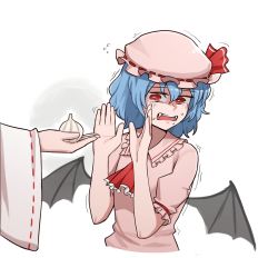 Rule 34 | 2girls, ascot, bat wings, blue hair, commentary, crying, english commentary, fang, fangs, frilled shirt collar, frilled sleeves, frills, garlic, hakurei reimu, hands up, hat, hat ribbon, highres, mata (matasoup), mob cap, multiple girls, open mouth, pink shirt, red eyes, red ribbon, remilia scarlet, ribbon, ribbon-trimmed sleeves, ribbon trim, shirt, short sleeves, simple background, tears, teeth, touhou, trembling, white background, wide sleeves, wings