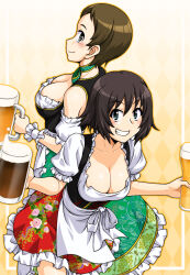 Rule 34 | 2girls, 2gou, alcohol, alternate costume, apron, beer, beer mug, blue eyes, breasts, brown eyes, brown hair, cleavage, closed mouth, commentary request, cup, dirndl, dress, floral print, frilled dress, frilled sleeves, frills, german clothes, girls und panzer, grin, hida ema, highres, holding, holding cup, kojima emi, leaning forward, looking at viewer, looking back, medium breasts, medium dress, mug, multiple girls, oktoberfest, oosaka kanagawa, partial commentary, print dress, puffy short sleeves, puffy sleeves, red dress, short dress, short hair, short sleeves, smile, standing, very short hair, waist apron