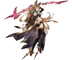Rule 34 | 10s, 1girl, animal ears, ass, back, bare back, bare shoulders, black dress, black thighhighs, blonde hair, bow (weapon), breasts, bridal gauntlets, brown eyes, butt crack, covered erect nipples, dimples of venus, dress, erune, full body, granblue fantasy, hair ornament, high heels, holding, holding weapon, long hair, metera (granblue fantasy), minaba hideo, mole, mole under mouth, official art, small breasts, smile, solo, thighhighs, transparent background, very long hair, weapon