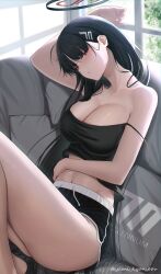 Rule 34 | 1girl, absurdres, bare arms, bare shoulders, black camisole, black hair, blue archive, blush, breasts, bright pupils, camisole, cleavage, collarbone, couch, dolphin shorts, hair ornament, hairclip, halo, highres, large breasts, long hair, looking at viewer, micro shorts, navel, on couch, red eyes, rio (blue archive), shirt, shorts, solo, thighs, very long hair, yamikyon