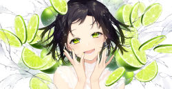 Rule 34 | 1girl, :d, absurdres, black hair, blouse, blush, commentary request, dress, fingernails, food, fruit, gradient hair, green eyes, green hair, hands up, head tilt, highres, lime (fruit), lime slice, looking at viewer, multicolored hair, nail polish, open mouth, original, school uniform, serafuku, shirt, simple background, sleeveless, sleeveless dress, sleeveless shirt, smile, sogawa, solo, splashing, water, white background, white dress, yellow nails