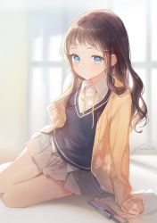 Rule 34 | 1girl, arm support, blue eyes, blue vest, blush, brown cardigan, brown hair, cardigan, closed mouth, collar, collared shirt, gomzi, grey skirt, indoors, long hair, long sleeves, looking at viewer, necktie, original, pleated skirt, school uniform, shirt, sitting, skirt, solo, uniform, vest, white shirt, window, yellow necktie