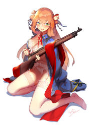 Rule 34 | 1girl, alternate costume, blue jacket, blush, bolt action, bow, bra, breasts, brown hair, cleavage, unworn clothes, collarbone, collared jacket, dated, garter belt, girls&#039; frontline, green eyes, gun, hair between eyes, hair bow, hair ribbon, hair rings, henry davis, highres, holding, holding gun, holding weapon, jacket, jacket on shoulders, lace, lace-trimmed bra, lace-trimmed legwear, lace-trimmed panties, lace trim, large breasts, lingerie, long hair, looking at viewer, m1903 springfield, multicolored bow, neck ribbon, open clothes, open jacket, open mouth, panties, ponytail, red ribbon, red sash, ribbon, rifle, sash, sidelocks, signature, simple background, sitting, smile, sniper rifle, solo, springfield (girls&#039; frontline), thighhighs, underwear, weapon, white background, yokozuwari