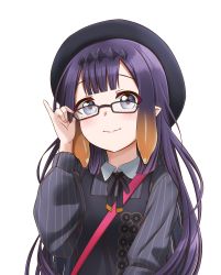Rule 34 | 1girl, absurdres, adjusting eyewear, blunt bangs, glasses, gradient hair, hat, highres, hololive, hololive english, jan azure, long hair, mole, mole under eye, multicolored hair, ninomae ina&#039;nis, ninomae ina&#039;nis (casual), orange hair, pinky out, pointy ears, purple hair, smile, solo, tentacle hair, transparent background, virtual youtuber