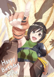 Rule 34 | :d, armor, armpits, birthday, black hair, breasts, brown eyes, brown shorts, character name, chocobo, cropped sweater, english text, excited, feathers, final fantasy, final fantasy vii, fingerless gloves, forehead protector, foreshortening, from above, gloves, green sweater, headband, highres, index finger raised, kazaguruma2600, lying, medium breasts, midriff, navel, on back, open fly, open mouth, orange gloves, pauldrons, perspective, pointing, pointing forward, romaji text, saddle, shadow, short hair, shorts, shoulder armor, single bare shoulder, single pauldron, sleeveless, sleeveless sweater, sleeveless turtleneck, smile, sweater, turtleneck, turtleneck sweater, v-shaped eyebrows, yuffie kisaragi