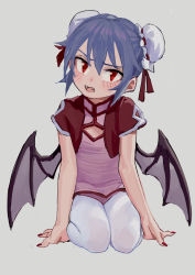 Rule 34 | 1girl, alternate costume, arm support, artist name, bat wings, blue hair, blush, bun cover, china dress, chinese clothes, commentary, double bun, dress, fangs, fkey, grey background, hair between eyes, hair bun, head tilt, highres, looking at viewer, nail polish, open mouth, pantyhose, pink dress, red eyes, red nails, red ribbon, remilia scarlet, ribbon, seiza, short hair, short sleeves, sidelocks, simple background, sitting, solo, thighs, touhou, white pantyhose, wings