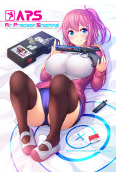 Rule 34 | 1girl, 2019, artist name, bed sheet, blue buruma, blue eyes, blush, box, breasts, brown thighhighs, buruma, cameltoe, closed mouth, colored eyelashes, covered erect nipples, full body, gun, highres, holding, holding gun, holding weapon, jacket, knees up, large breasts, long hair, long sleeves, looking at viewer, lying, on back, on bed, ooyama kina, open clothes, open jacket, original, pink eyes, pink jacket, ponytail, shirt, shoes, smile, solo, tareme, thighhighs, twitter username, uwabaki, weapon, weapon request, white footwear, white shirt